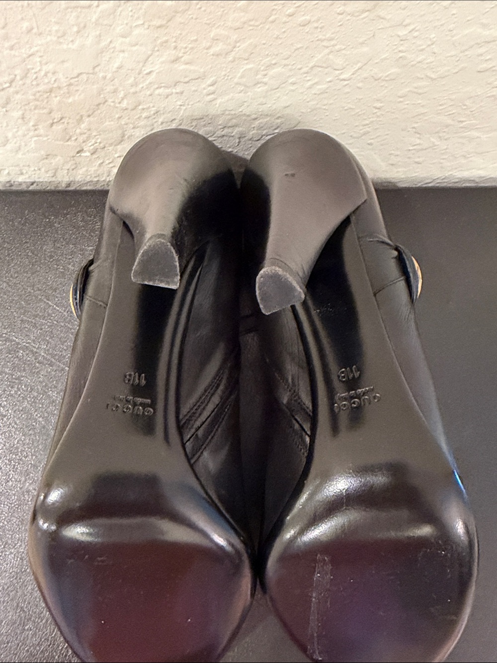 Gucci  NEVER WORN Black Leather High-Heel Ankle Booties - Gold Medallion Accent - Picture 7 of 7
